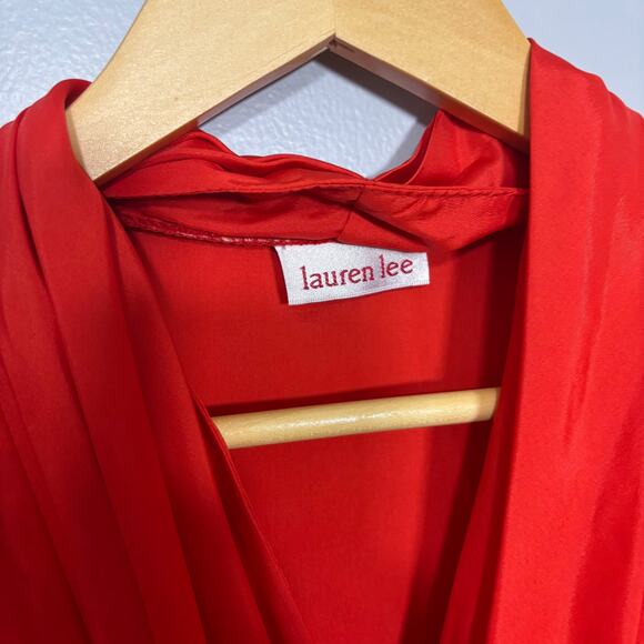 Vtg Red Draped Blouse Snap Neck Button Front Short Sleeve 80s | Bright Spring - Picture 12 of 12